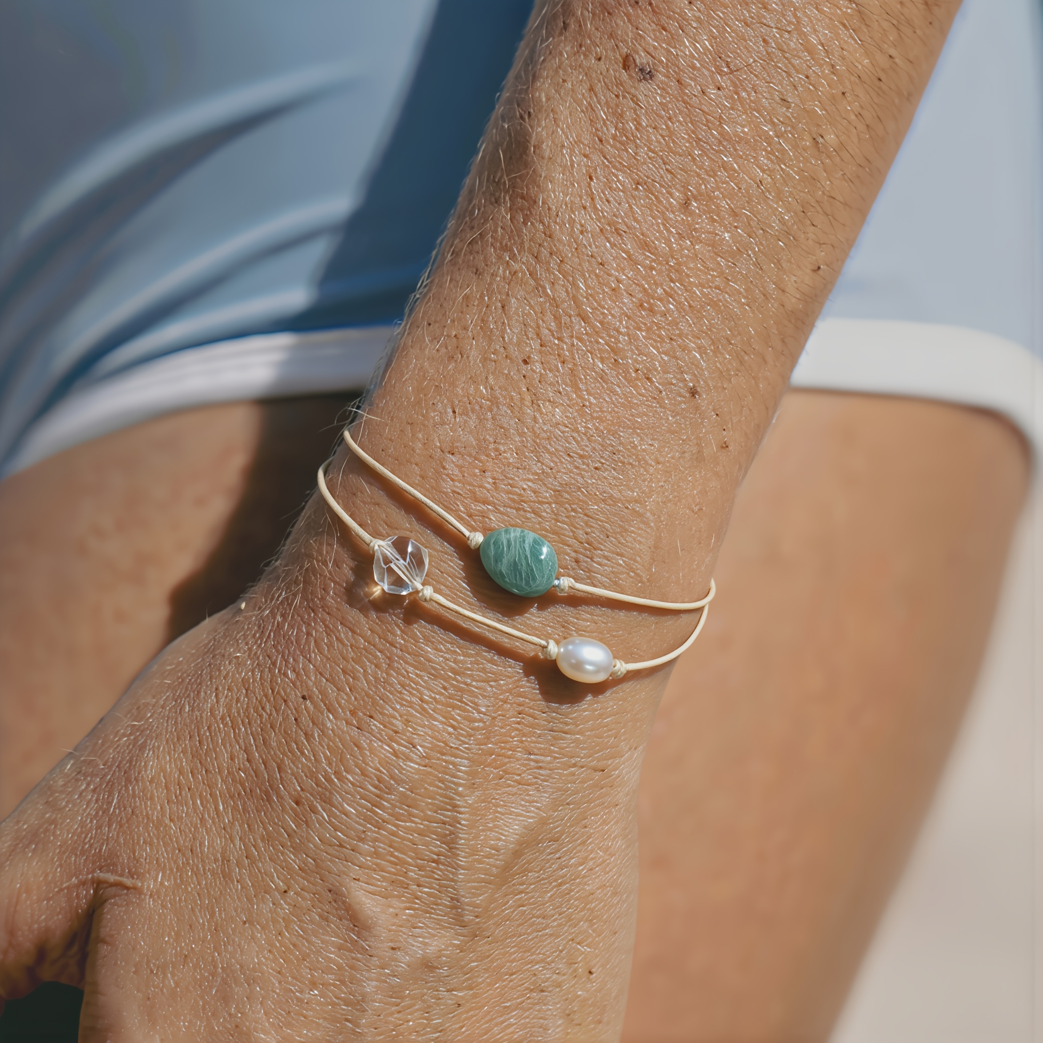 Boho Double Layer Ocean Shield Aura Bracelet, Adjustable Cord